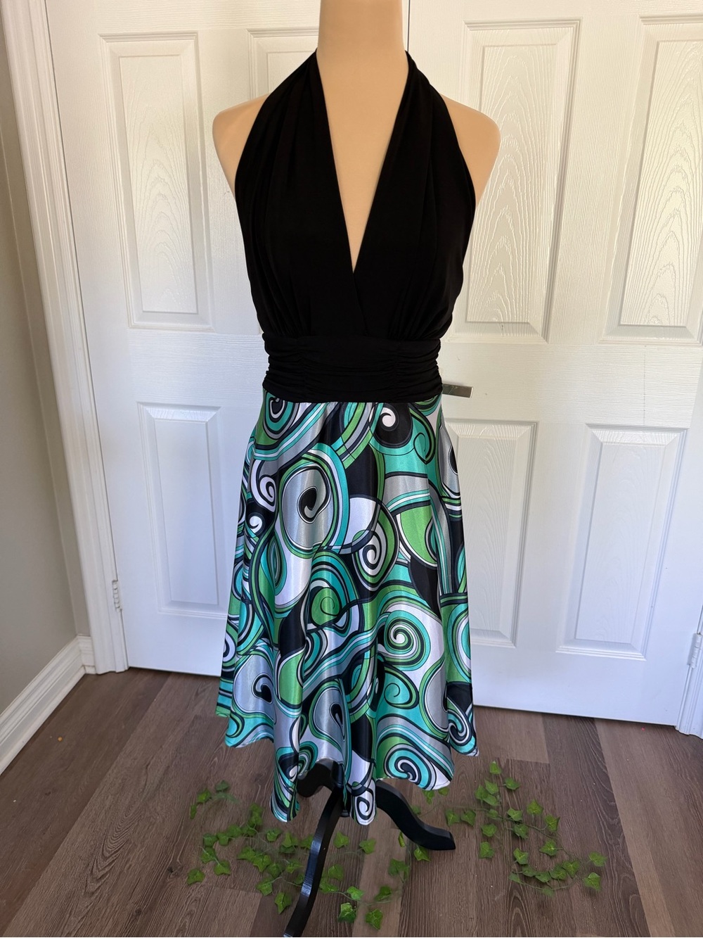 Y2K Black Halter Dress with Green & Teal Swirl Skirt